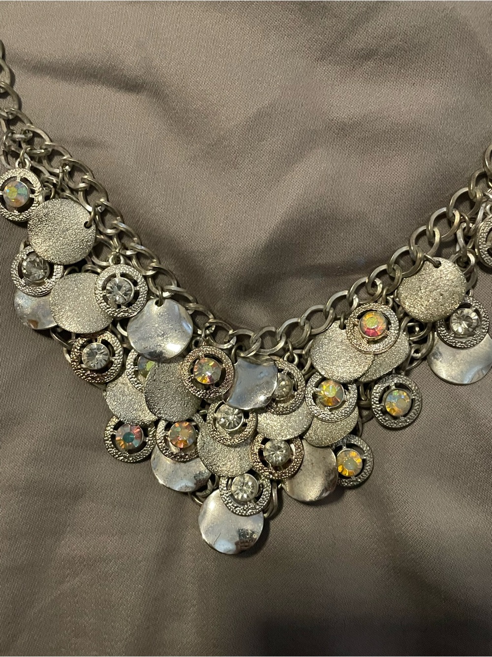 Silver Statement Bib Necklace with Iridescent Crystal Accents
